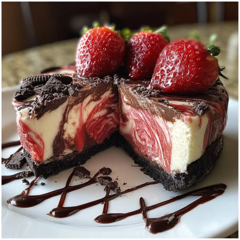 Chocolate Strawberry Swirl Cheesecake with creamy layers and swirl design