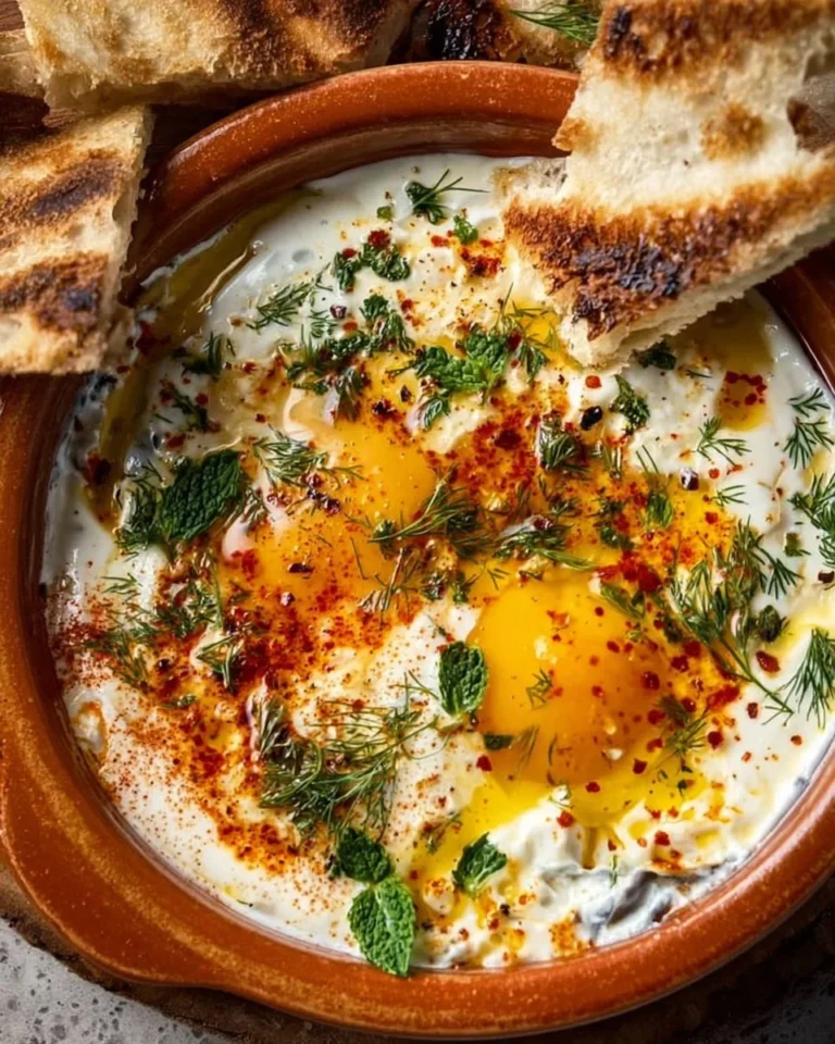 Plate of Çılbır - Turkish poached eggs with yogurt and butter sauce