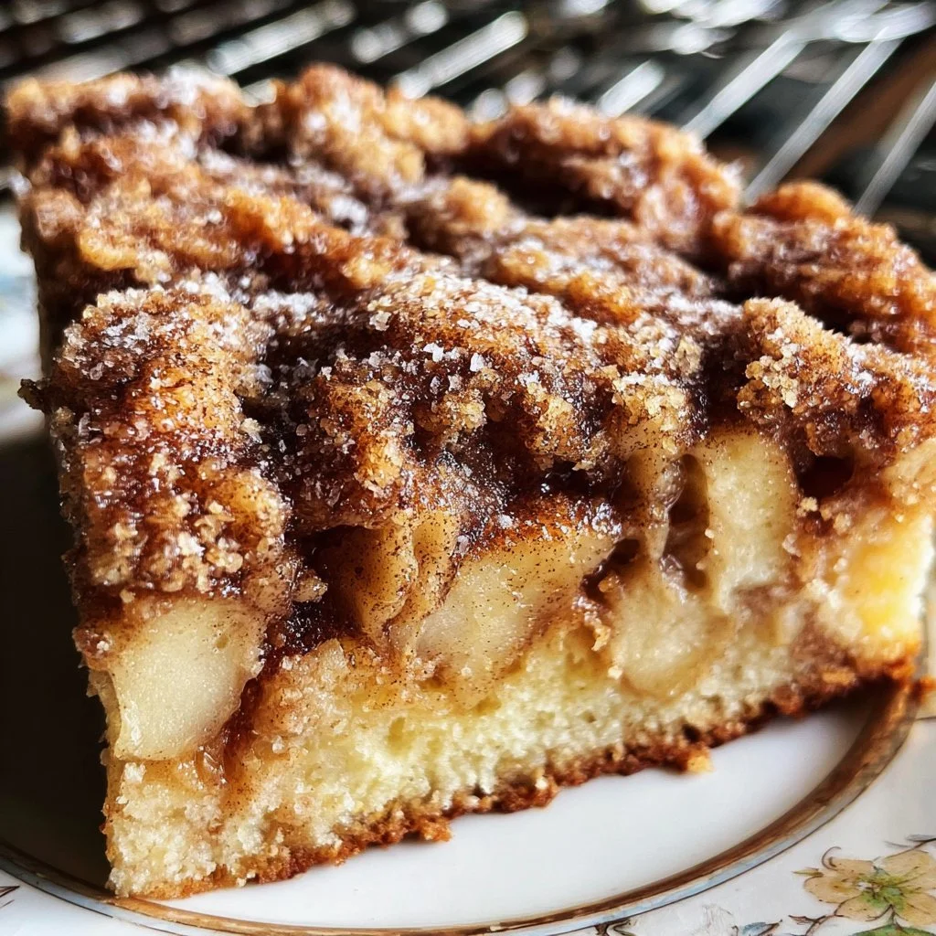 Delicious slice of Cinnamon Apple Cake topped with cinnamon and fresh apples