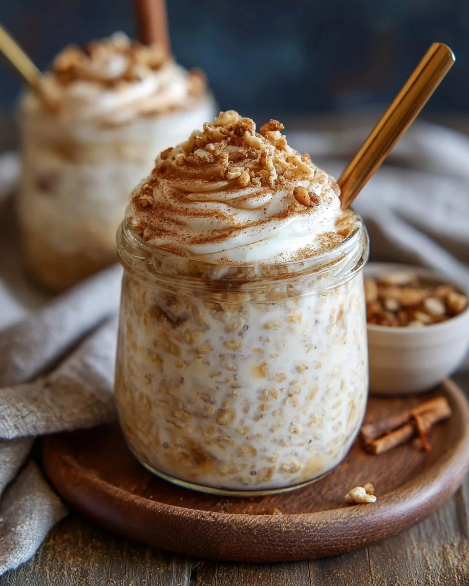 Delicious cinnamon roll overnight oats in a bowl topped with cinnamon and nuts.