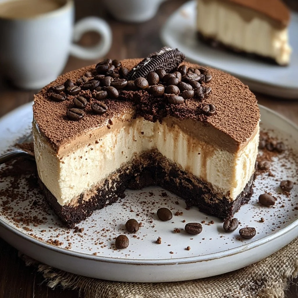 Delicious slice of homemade Coffee Cheesecake topped with coffee beans