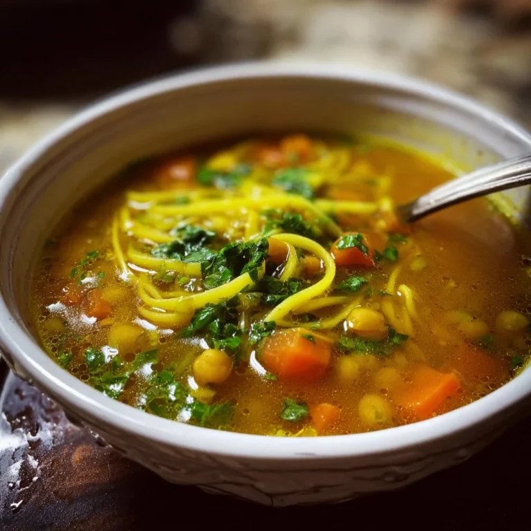 A bowl of comforting broth-based soup with fresh vegetables and herbs