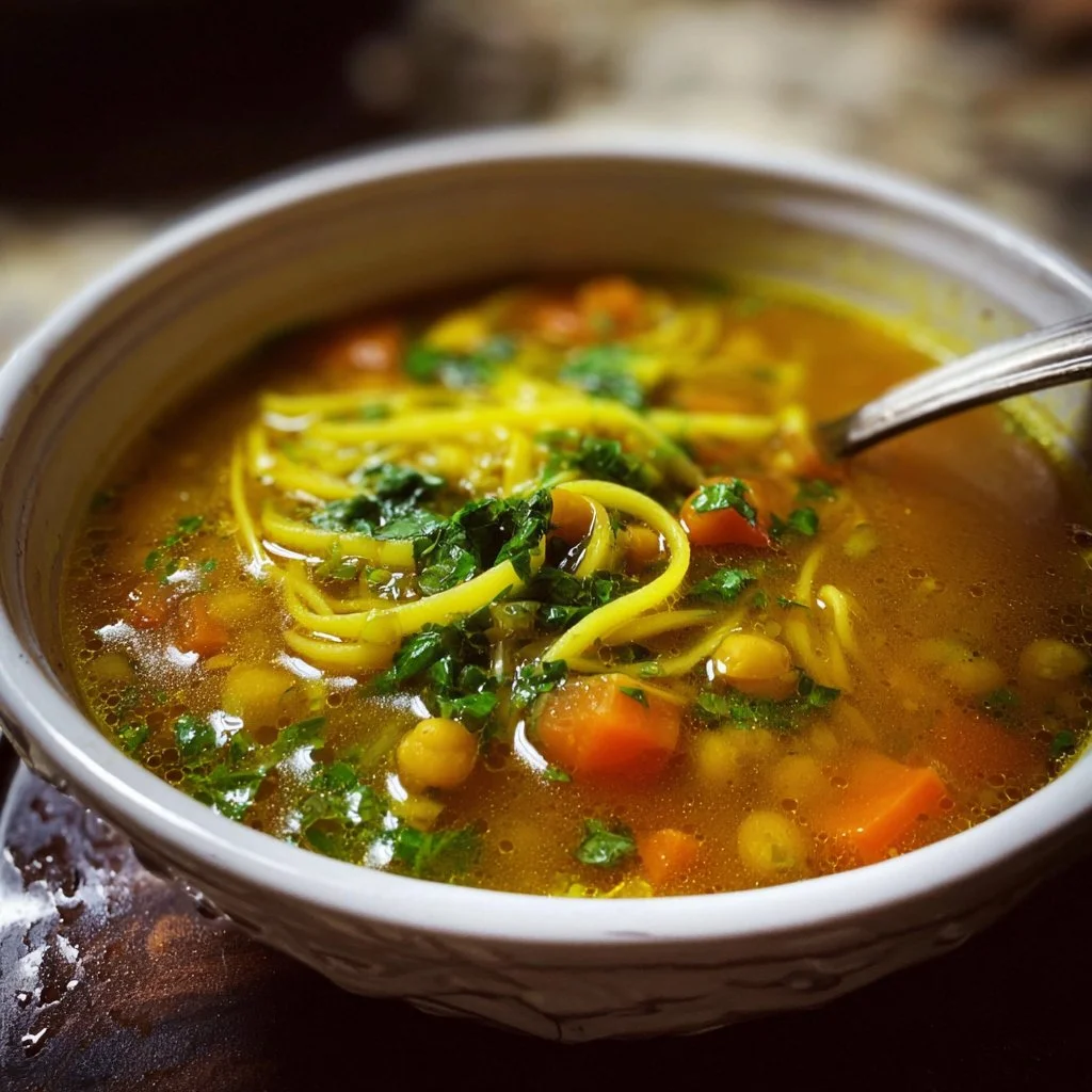 A bowl of comforting broth-based soup with fresh vegetables and herbs