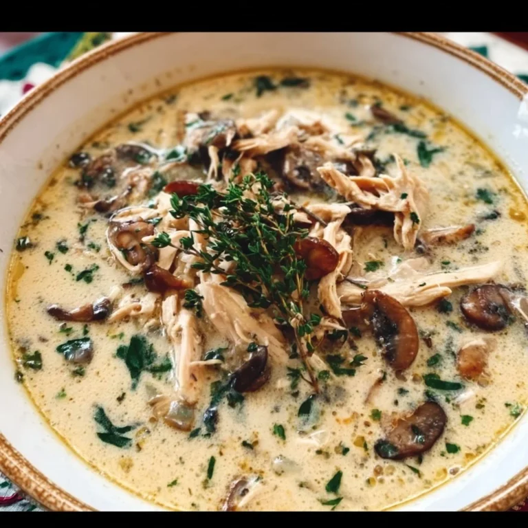 Bowl of comforting rotisserie chicken and mushroom soup garnished with herbs.