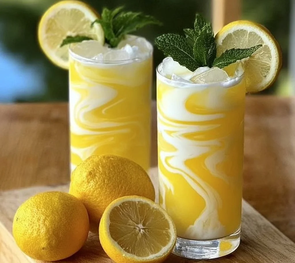 Glass of refreshing condensed milk lemonade with lemon slices.