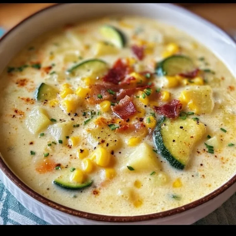 Bowl of creamy Corn Zucchini Chowder garnished with fresh herbs.