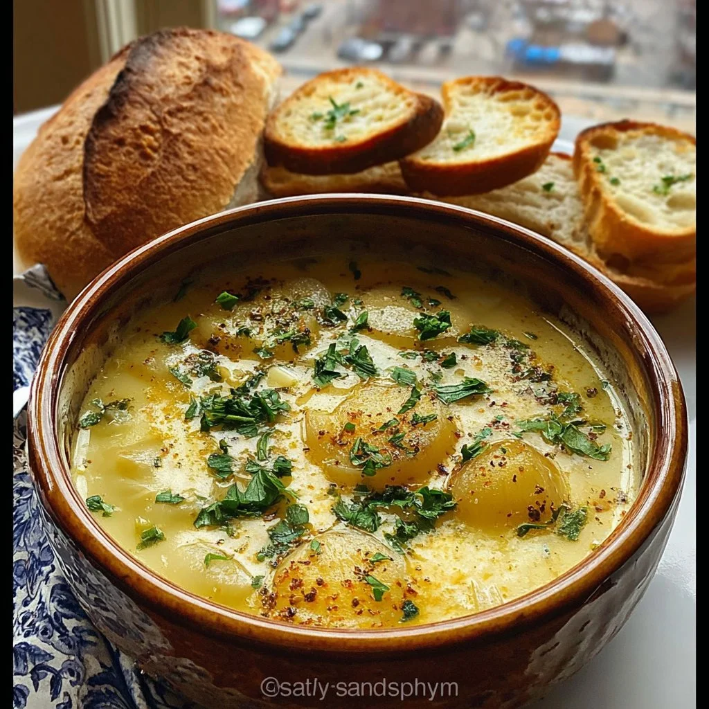 Bowl of Country French Garlic Soup garnished with fresh herbs.