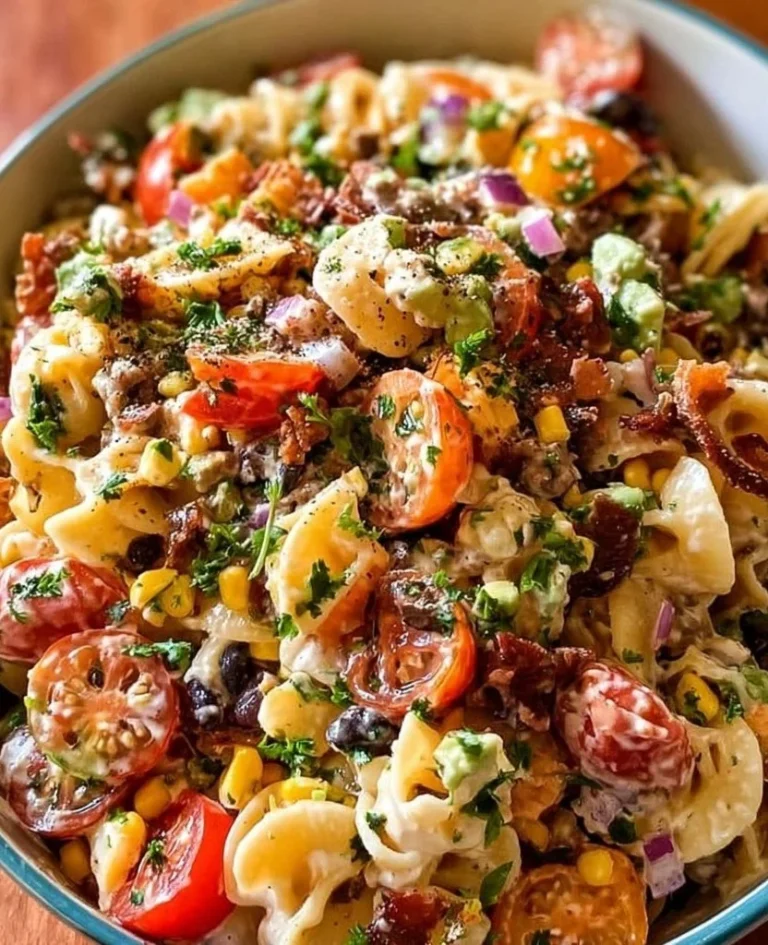 A colorful Cowboy Pasta Salad with vegetables and dressing in a bowl.