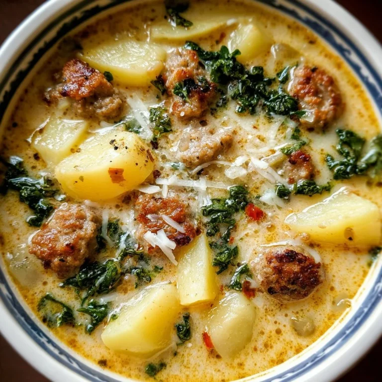 Bowl of cozy Italian sausage and potato soup served with crusty bread