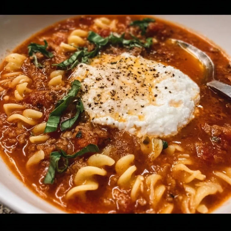 Bowl of cozy lasagna soup made with ricotta cheese and fresh ingredients
