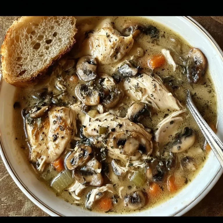 Bowl of easy rotisserie chicken mushroom soup with fresh herbs