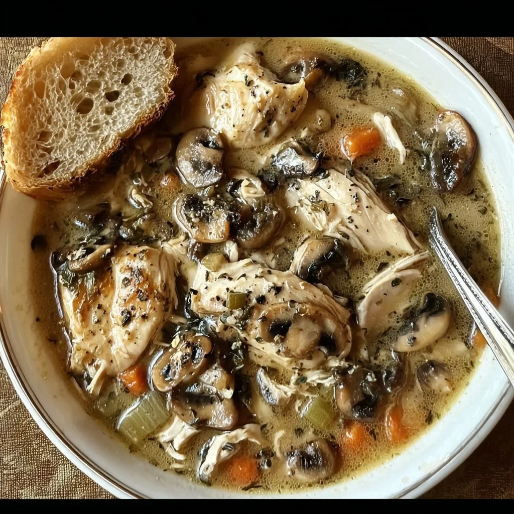 Bowl of easy rotisserie chicken mushroom soup with fresh herbs