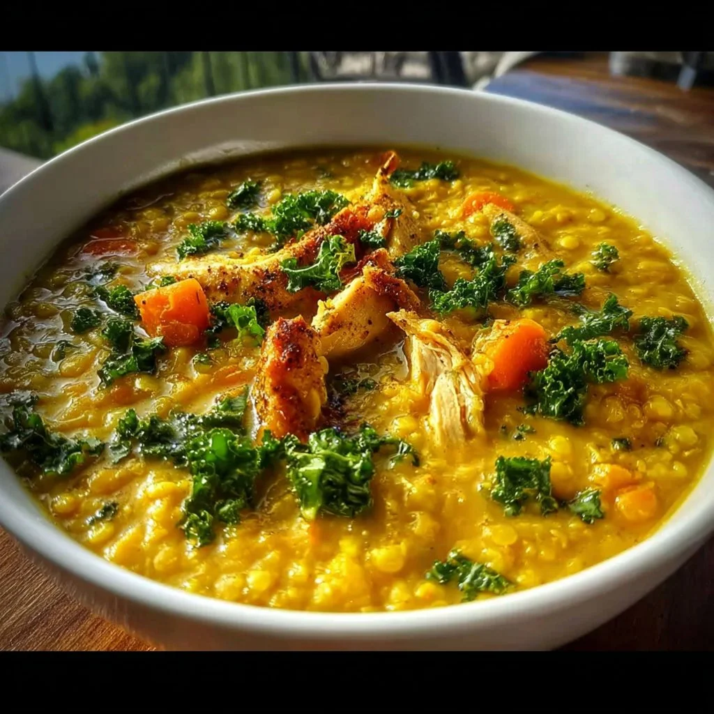 Bowl of golden chicken lentil soup garnished with herbs
