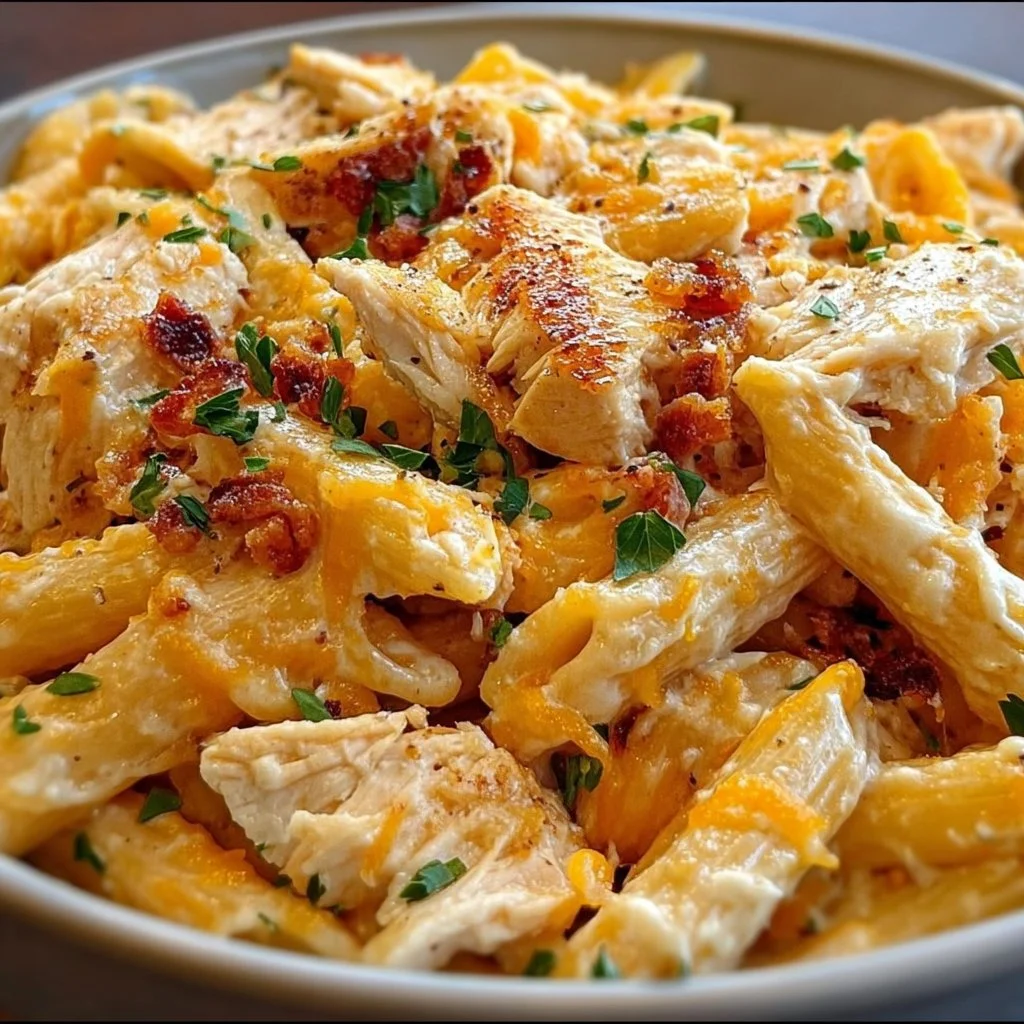 Creamy Crack Chicken Penne served in a bowl, garnished with herbs.