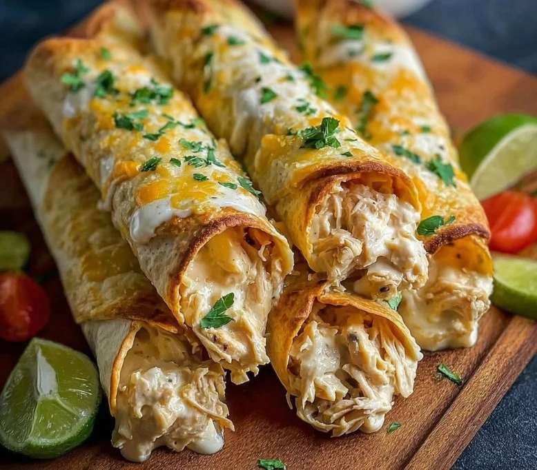 Plate of crispy cream cheese chicken taquitos served with salsa