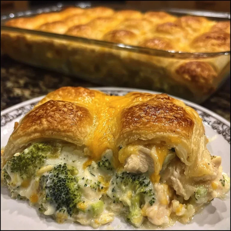 Creamy broccoli chicken crescent bake dish ready to serve for dinner
