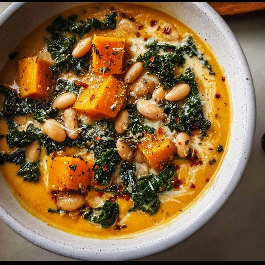 Creamy butternut squash, kale, and white bean soup in a bowl with a spoon