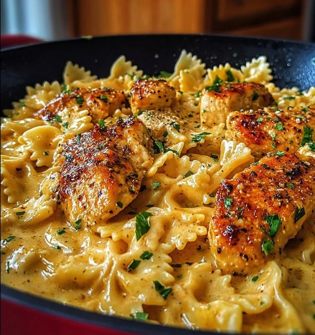 Creamy Cajun chicken bowtie pasta skillet served on a plate