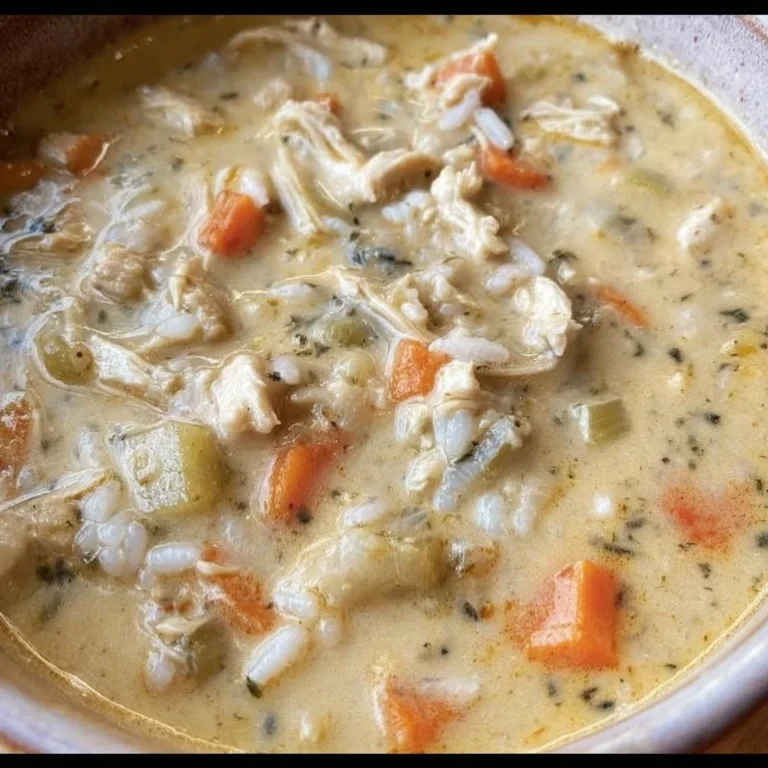 Bowl of creamy chicken rice soup garnished with fresh herbs