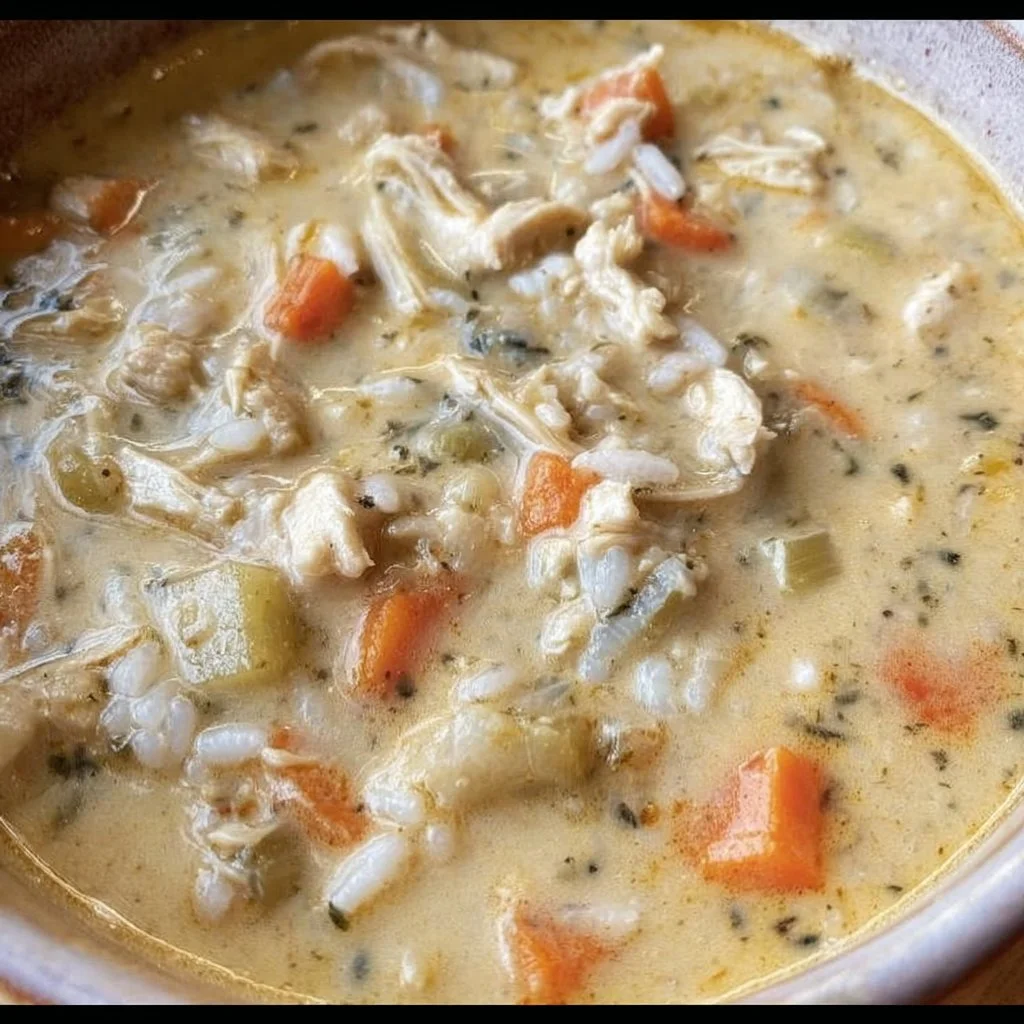 Bowl of creamy chicken rice soup garnished with fresh herbs