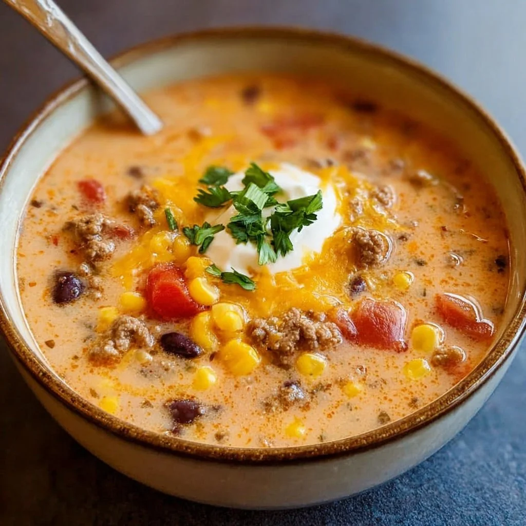 Bowl of creamy Cowboy Soup garnished with herbs and served hot