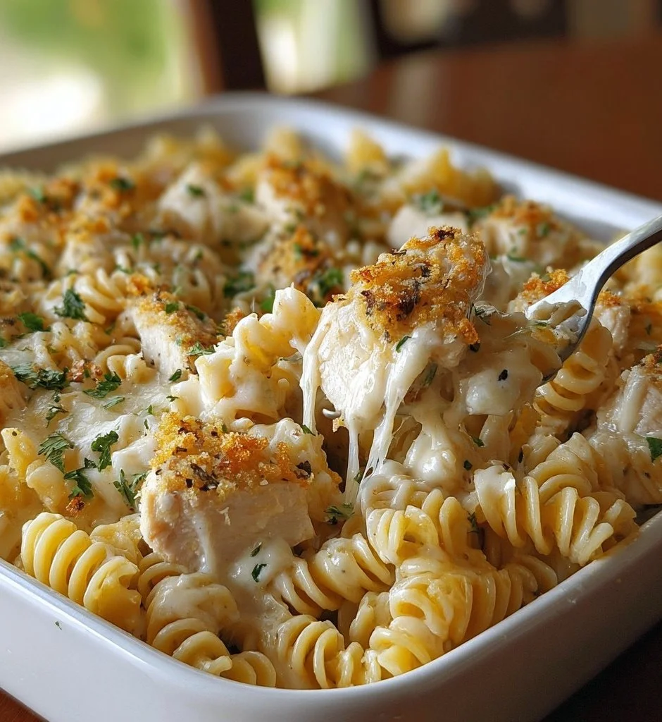 Creamy garlic parmesan chicken pasta bake in a baking dish