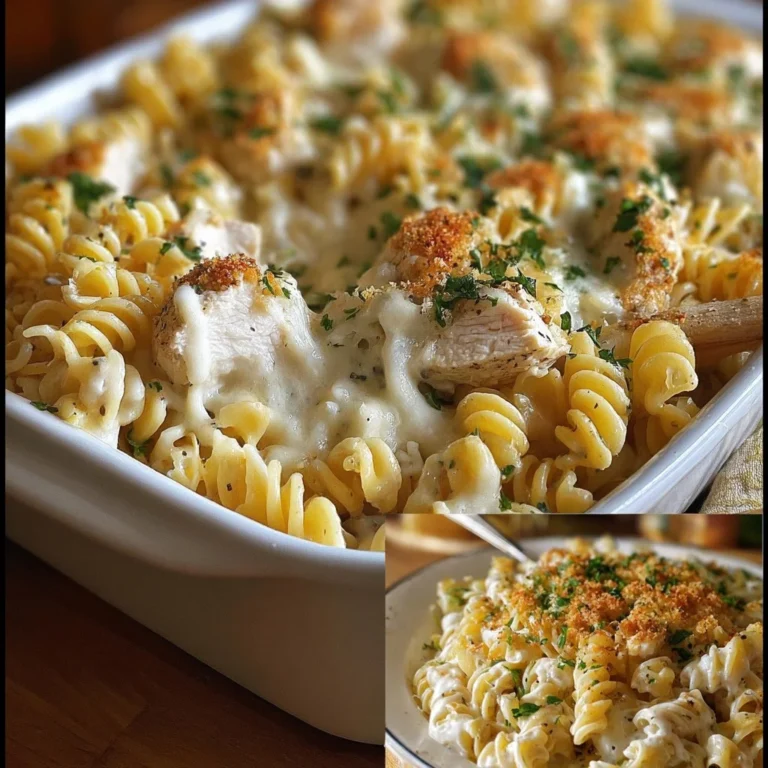 Creamy garlic parmesan chicken pasta bake served in a dish with herbs
