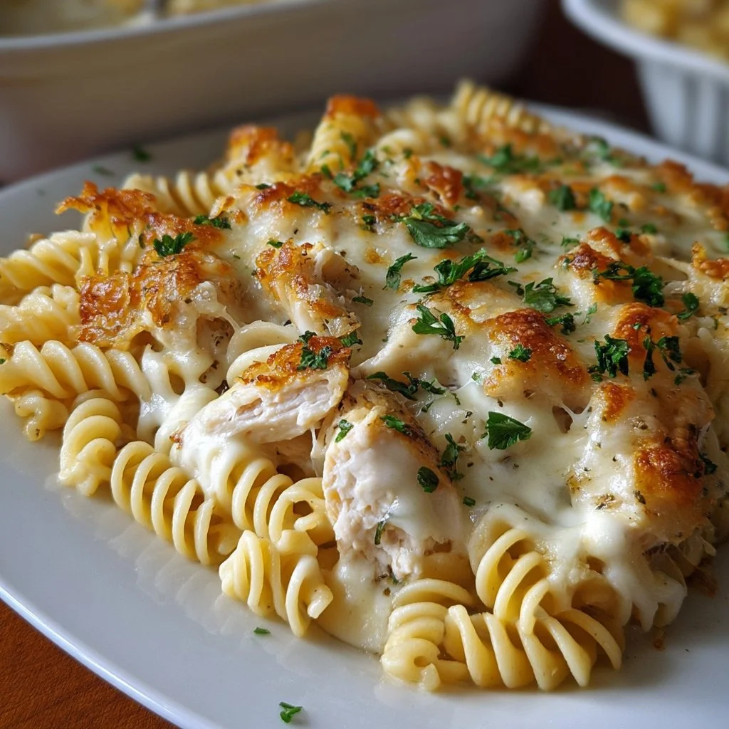 Creamy garlic parmesan chicken pasta bake served in a dish