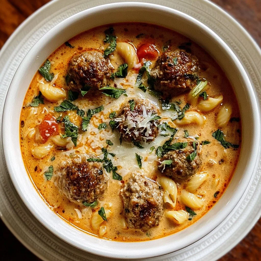 Bowl of creamy Italian meatball soup with fresh herbs and crusty bread.