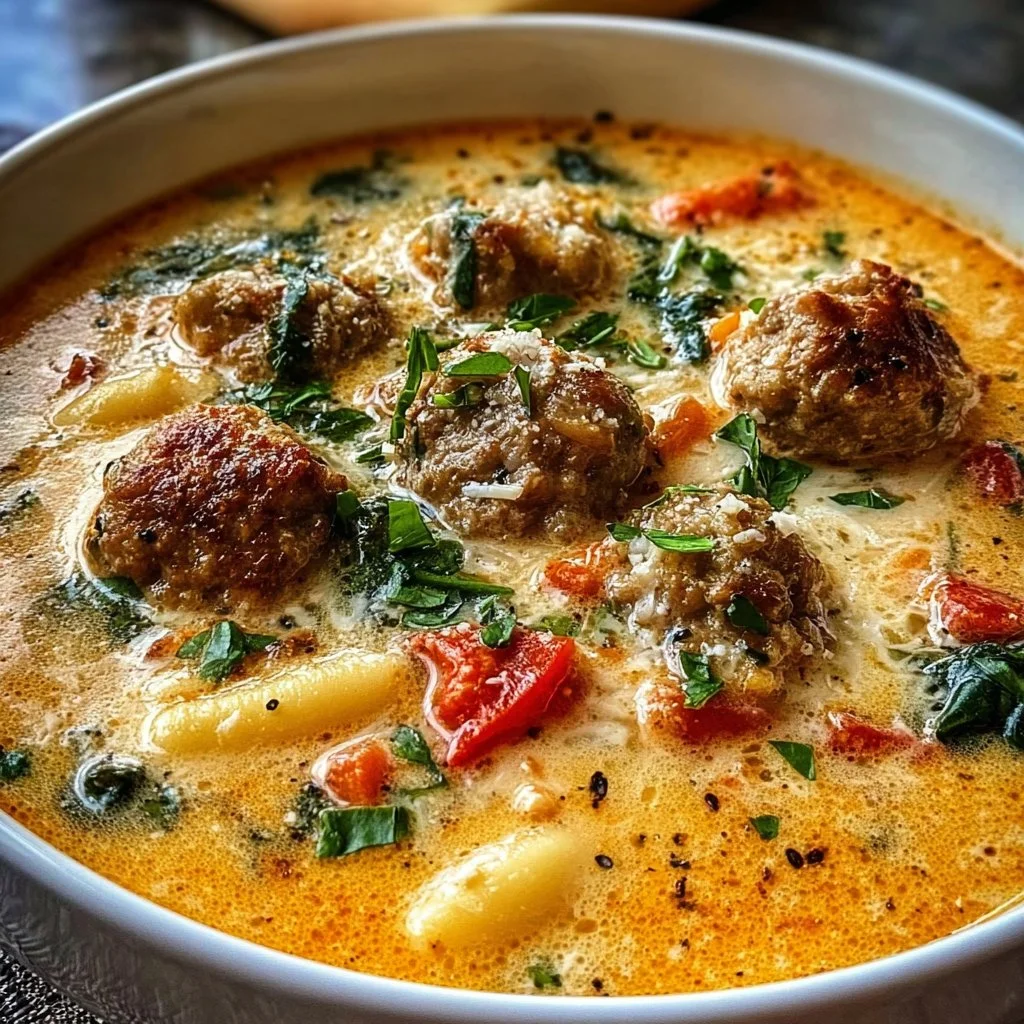 Bowl of creamy Italian meatball soup garnished with herbs