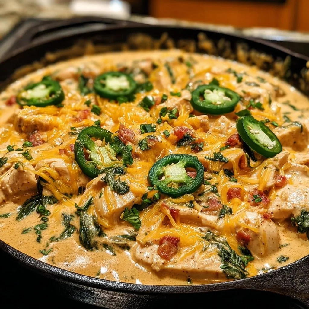 Creamy jalapeño chicken skillet served in a pan with fresh ingredients