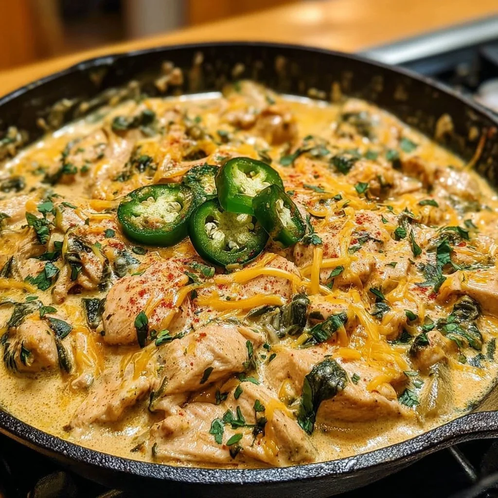 Creamy jalapeño chicken skillet dish garnished with fresh herbs