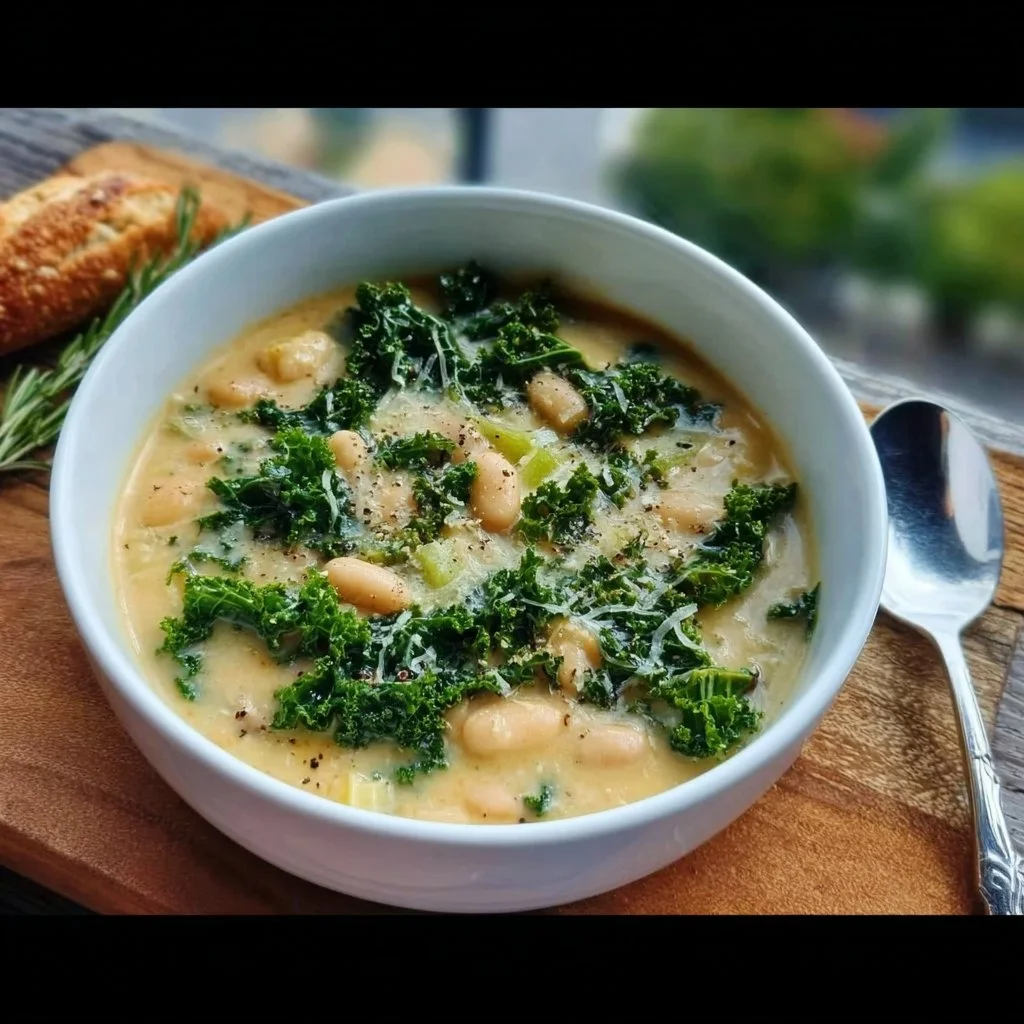 Bowl of creamy Kale & White Bean Soup with fresh vegetables