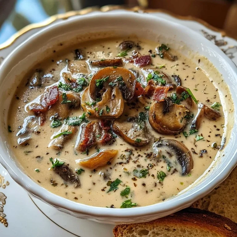 Delicious bowl of creamy mushroom soup topped with fresh herbs
