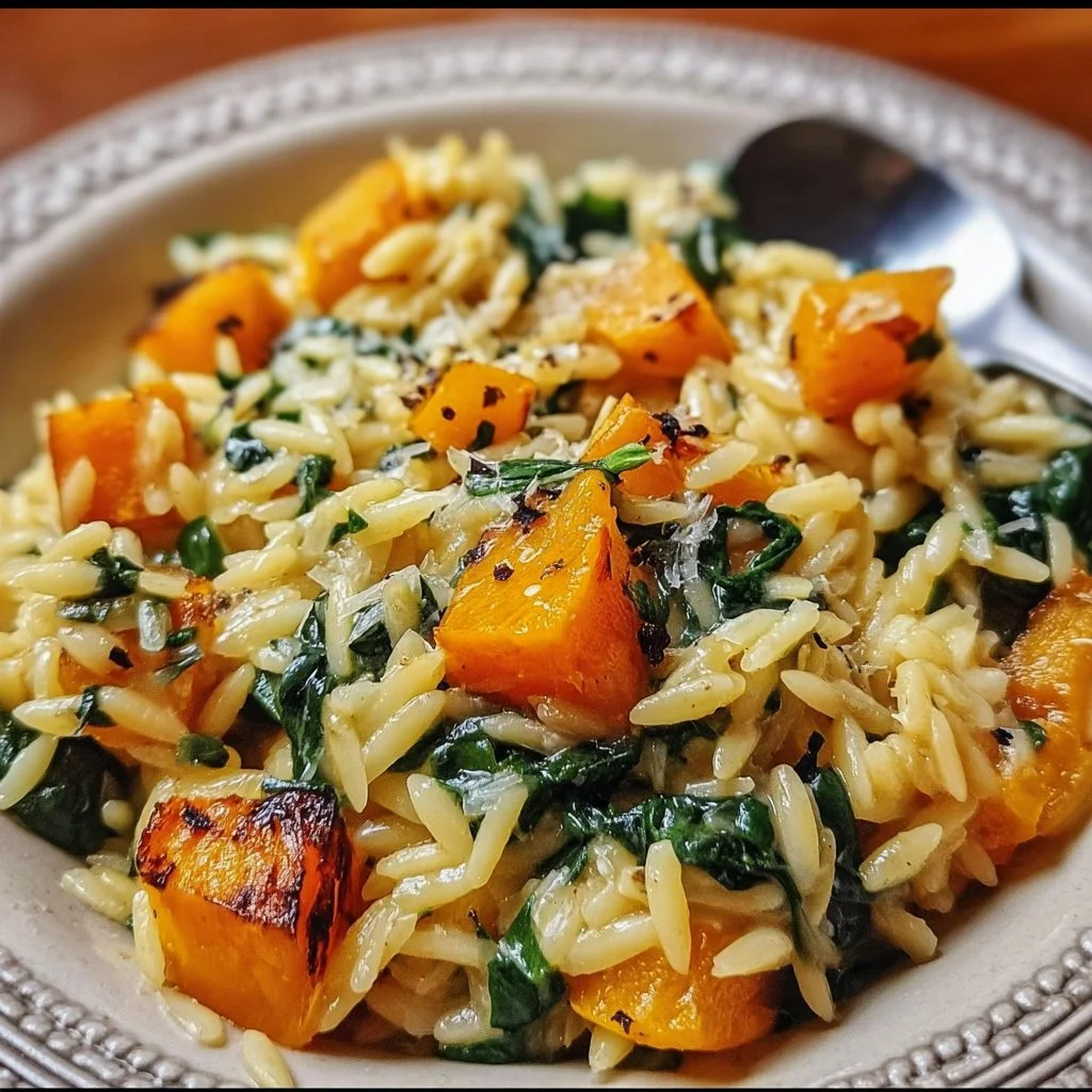 Creamy orzo dish with roasted butternut squash and fresh spinach in a bowl