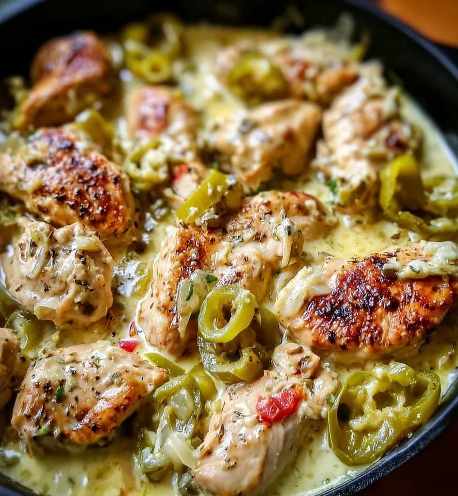 Creamy Pepperoncini Chicken Skillet cooked and served in a pan
