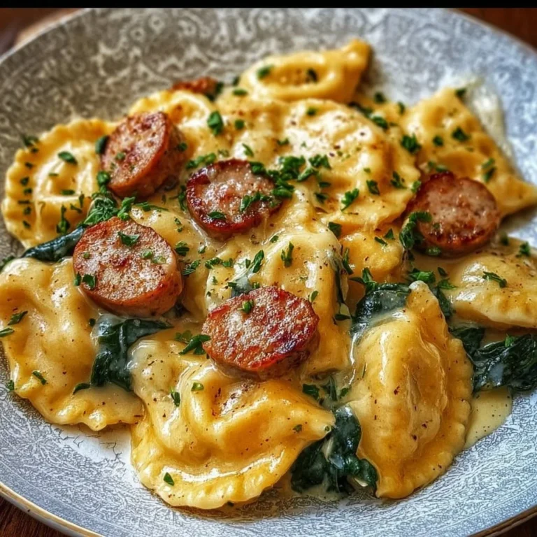 Creamy pierogi with turkey sausage in a skillet for a delicious meal.