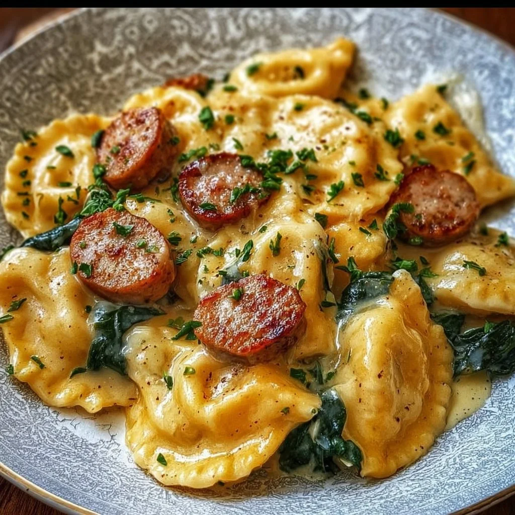 Creamy pierogi with turkey sausage in a skillet for a delicious meal.