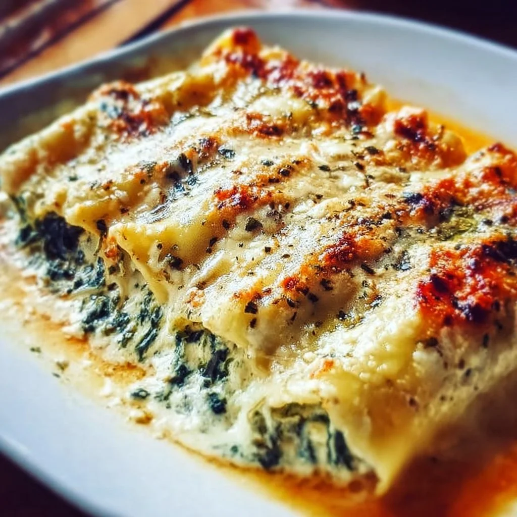 Creamy ricotta spinach and chicken cannelloni served on a plate
