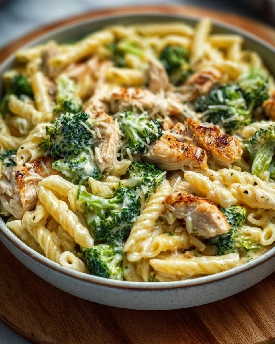 Creamy rotisserie chicken broccoli pasta dish served in a bowl