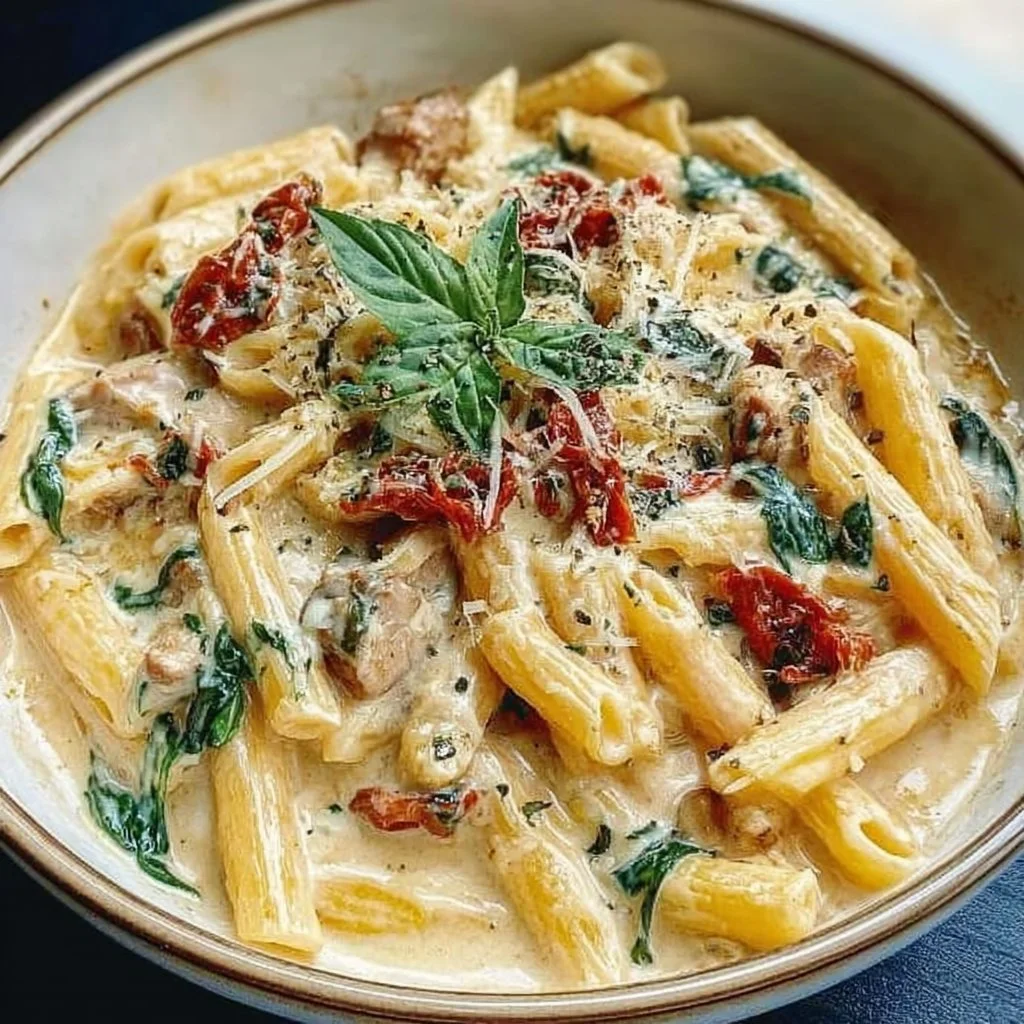 Creamy Tuscan pasta with fresh ingredients in a bowl