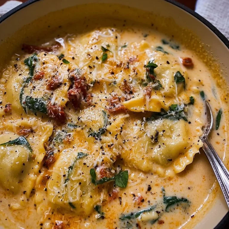 A bowl of Creamy Tuscan Ravioli Soup garnished with herbs and spices.