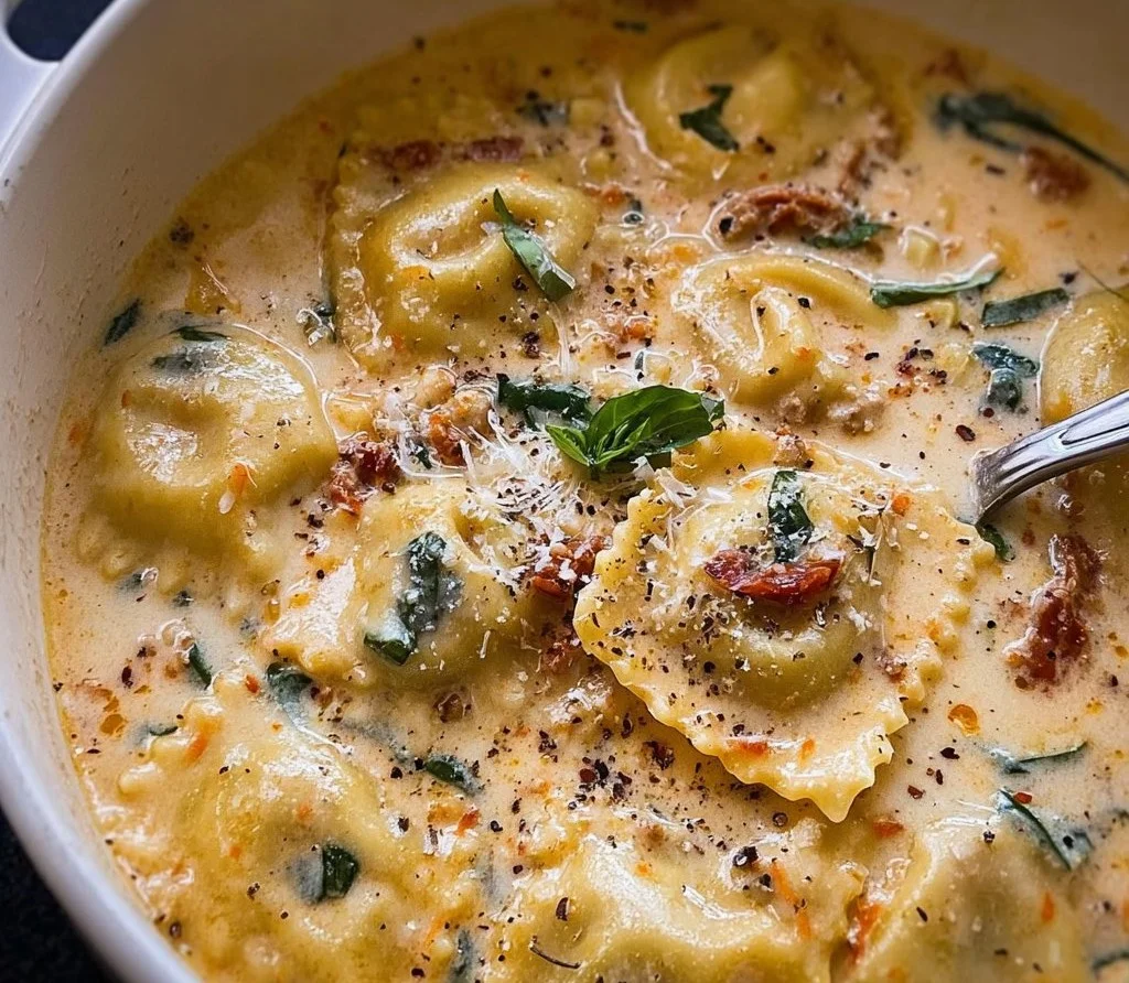 Creamy Tuscan Ravioli Soup in a bowl, garnished with herbs and cheese