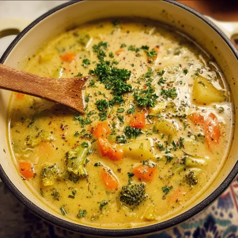 Bowl of creamy vegetable soup with fresh ingredients and herbs