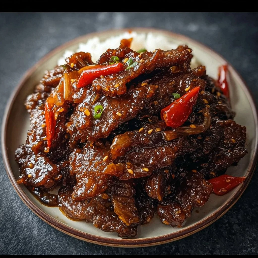 Delicious plate of crispy chilli beef garnished with green onions