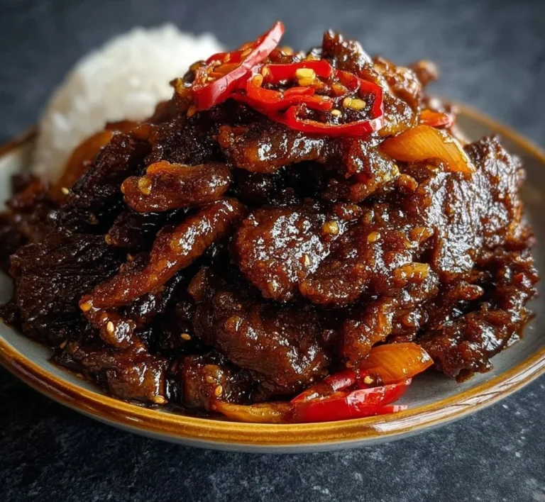 A plate of crispy chilli beef garnished with sliced peppers and herbs.