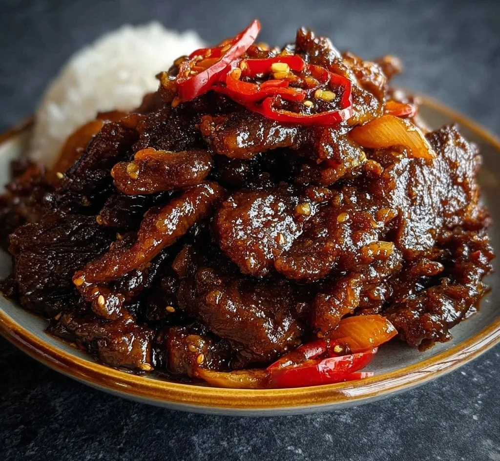 A plate of crispy chilli beef garnished with sliced peppers and herbs.