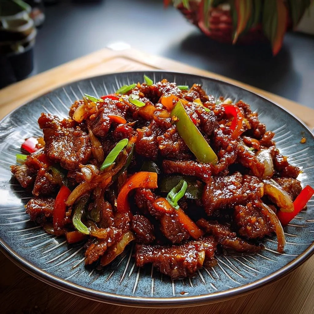Plate of crispy chilli beef with fresh vegetables and savory sauce