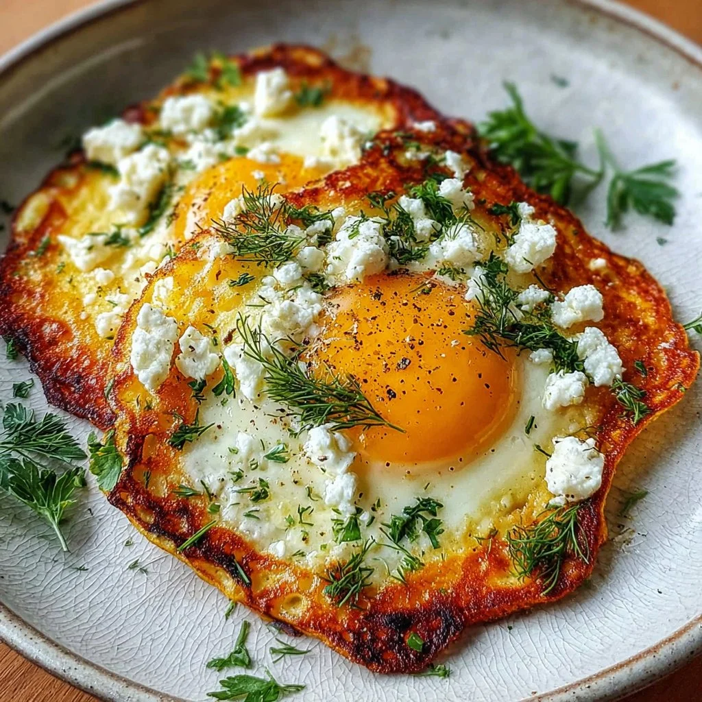 Plate of crispy feta fried eggs garnished with herbs