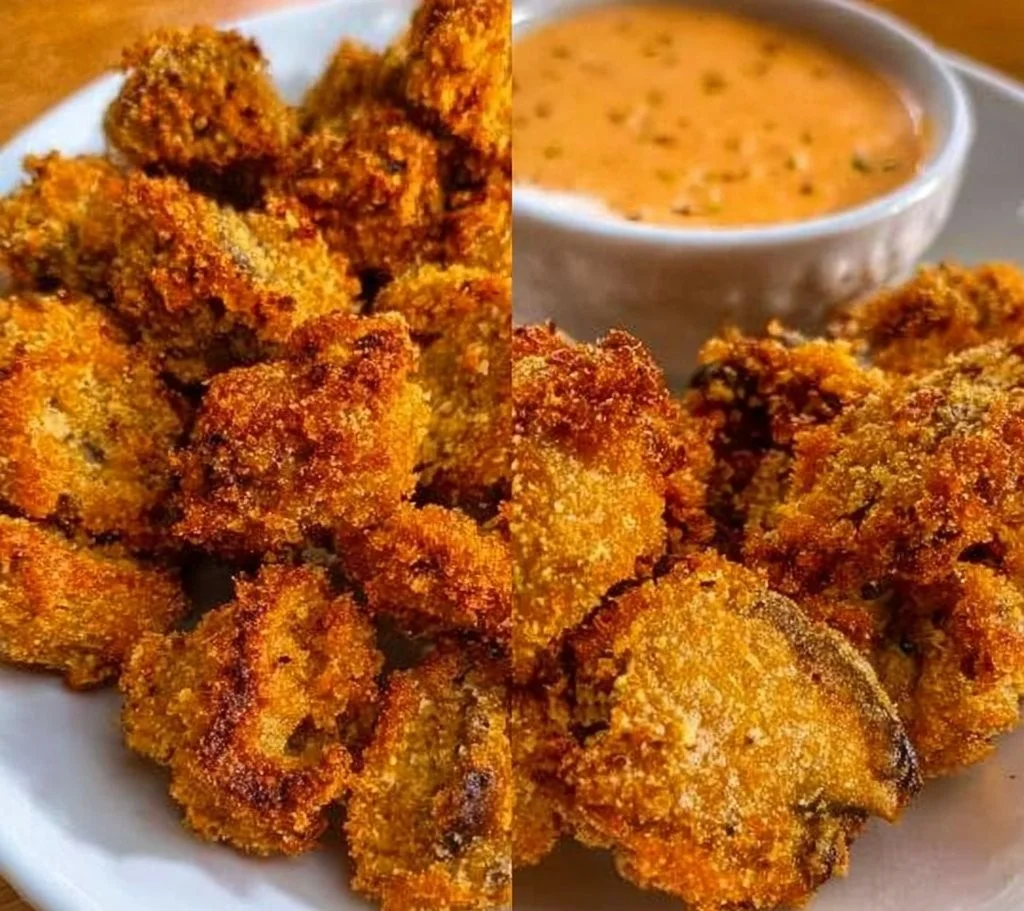 Plate of crispy fried mushrooms served with dipping sauce